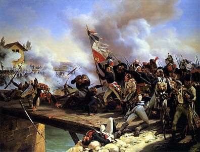 Painting shows a man holding a diamond-pattern French red, white, and blue regimental flag. He is leading a crowd of blue-coated soldiers across a bridge toward ranks of enemy soldiers.