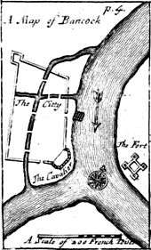 An engraved map titled "A Map of Bancock", showing a walled settlement on the west of a river, and a fort on the east