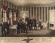 Contemporary drawing of dead Alexander in his bedroom in Taganrog, attended by twelve mourning men.