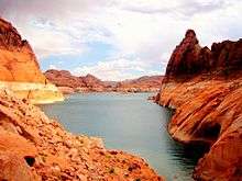 The red-rock shores of Lake Powell, seen at a low water level.