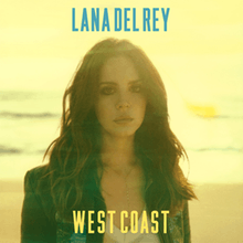 A yellow-filtered portrait of a brunette woman wearing a denim jacket, standing on a beach with waves as her backdrop. In bold blue font above her is the name, Lana Del Rey. Below her in bold yellow font is the title "West Coast".