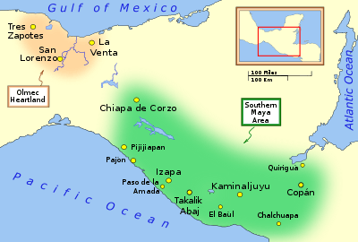 Map showing the locations of Quiriguá and Copán in the extreme east of the region, with Quiriguá to the north and Copán directly south. The landmass is located in Central America and bordered by the Pacific Ocean to the southwest, the Gulf of Mexico to the northwest and the Atlantic Ocean to the east.