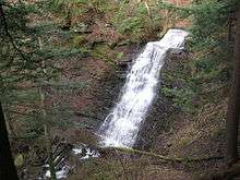 A waterfall seen from above spills down a broad stone wall made of many layers of rock, surrounded by foliage.
