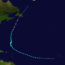 Track of long-lived hurricane across the Atlantic