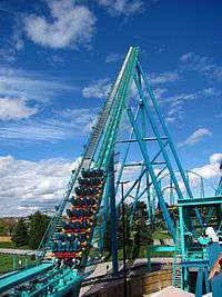 The lift hill (the part where a chain brings the train to the main/first drop) of Leviathan.