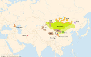 Topographic map showing Asia as centered on modern-day Mongolia and Kazakhstan. Areas are marked in multiple colors and attributed some of the language names of Mongolic languages. The extent of the colored area is somewhat less than in the previous map.