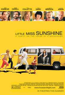 The movie poster shows the family featured in the film chasing a Volkswagen Microbus. The title of the film is located above the vehicle. From left to right: the mother (wearing sunglasses, a white long-sleeve shirt, and pink pants) is in a running stance behind the vehicle, the son (wearing a yellow short-sleeve shirt and black pants) is pushing the vehicle, the uncle (wearing a pink short-sleeve shirt, a white long-sleeve shirt, white pants, and has a black beard) is in a running stance, the daughter (wearing a red headband, red shirt, blue shorts, and glasses) is near the open door of the vehicle, the grandfather (wearing a white t-shirt, a black vest, and gray pants) is seated in the vehicle reaching for the daughter, and the father (wearing a red t-shirt and sunglasses) is driving the vehicle and looking back at his family. The poster has an all-yellow background and, at the top, features the cast's names and reviews by critics. The bottom of the poster includes the film's credits, rating, and release date.