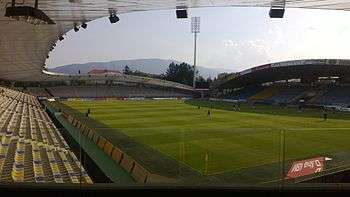 Ljudski vrt stadium with Mount Pohorje in the background.