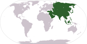 A map of the world, with Asia highlighted in green.