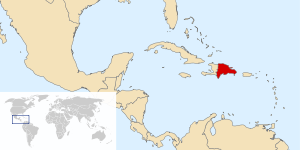 Map of the Caribbean, showing the Dominican Republic to the west of Cuba.