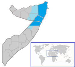 Location of  Puntland  (blue and dark blue)in Somalia  (blue & grey)Disputed territory (light blue)