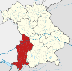 Map of Bavaria with the location of Swabia highlighted