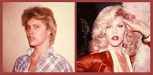 two panel photograph, the left panel is a man in a plaid shirt, the right panel is the same man wearing a fancy dress and radiant blond wig, appearing as a woman