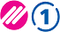 pink circle with three diagonal white lozenges forming stylised letter m, followed by twice-broken blue-outlined white circle, containing blue number 1