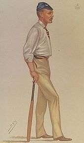 Caricature of a tall thin man with a moustache holding a cricket bat