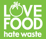 Words 'Love food, hate waste', with the O in Love replaced by a stylised apple
