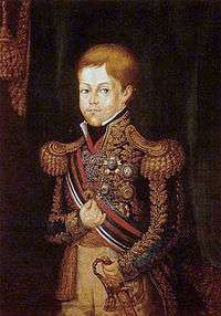 Half-length painting depicting a blond-haired boy dressed in an elaborately embroidered military tunic with a striped sash of office across his chest and his left hand grasping the hilt of his sheathed sword