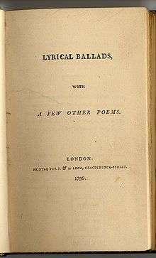 Yellowed book page saying "LYRICAL BALLADS, WITH A FEW OTHER POEMS. LONDON: PRINTED FOR J. & A. ARCH, GRACECHURCH-STREET. 1798."