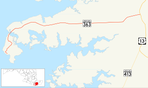 A map of northern Somerset County, Maryland showing major roads.  Maryland Route 363 runs from Deal Island east to Princess Anne.