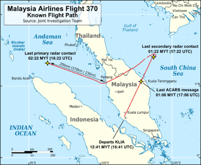 Map of south-east Asia that shows the southern tip of Vietnam in the upper right (northeast), Malay Peninsula (southern part of Thailand, part of Malaysia, and Singapore), upper part of Sumatra island, most of the Gulf of Thailand, south-western part of the South China Sea, Strait of Malacca, and part of the Andaman Sea. The flight path of Flight 370 is shown in red, going from KLIA (lower centre) on a straight path north-east, then (in the upper right side) turning to the right before making a sharp turn left and flies in a path that resembles a wide "V" shape (about a 120–130° angle) and ends in the upper left side. Labels note where the last ACARS message was sent just before Flight 370 crossed from Malaysia into the South China Sea, last contact was made by secondary radar before the aircraft turned right, and where final detection by military radar was made at the point where the path ends.