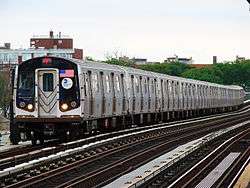 An R160A train on the F line, arriving at Avenue P station