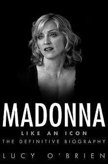 Greyscale image of Madonna in front of a complete black background, with short curly hair. The book title is written beneath her image