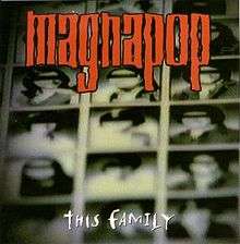 A blurry photo of a yearbook with the eyes on the faces covered by black bars. The word "magnapop" is written along the top in red and "THIS FAMILY" is written in white at the bottom.