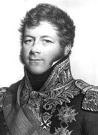 Black and white print of a confident-looking man with long sideburns. He wears a dark military uniform with a high colour and many decorations.