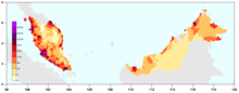 A map of Malaysia depicting the expected 2010 estimated population density.