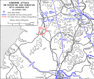 A map showing two drop zones separated by series of hills, each located on roads running north and south