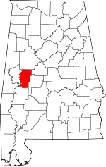 Map of Alabama highlighting Hale County