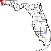 A state map highlighting Escambia County in the westernmost part of the state. It is medium in size and narrow in shape.