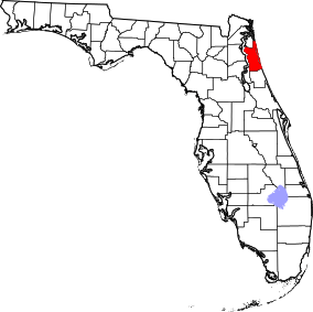 A state map highlighting St. Johns County in the corner part of the state. It is medium in size.