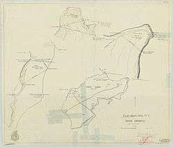 A hand-drawn map depicting Ford Island with three sections drawn in a larger scale.  Clear tape covers parts of the map.
