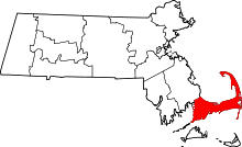Map of Massachusetts highlighting Barnstable County