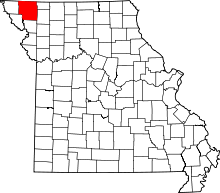 A state map highlighting Nodaway County in the northwestern part of the state.