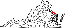 Map of Virginia highlighting Westmoreland County