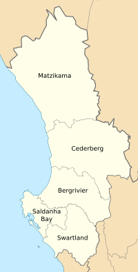 From north to south, the West Coast District Municipality contains the Matzikama, Cederberg, Bergrivier, Saldanha Bay and Swartland local municipalities
