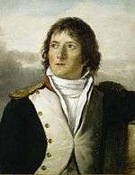 Painting shows a young man with long brown hair. He wears a dark blue military coat with wide white lapels.