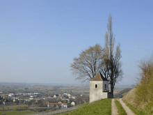 An old stone watch tower stands at a mountain top road; past the road, layers of rounded hilltops illustrate the kind of terrain the combatants faced. In the distance a silvery shimmer on the horizon marks the location of the Rhine river.