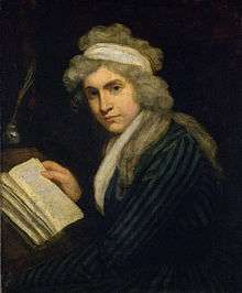 Half-length portrait of a woman leaning on a desk with a book and an inkstand. She is wearing a blue-striped dress and a gray, curly wig crossed by a white band of cloth.