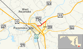 A map of Pocomoke City showing major roads.  Maryland Route 756 is an old alignment of US 113.