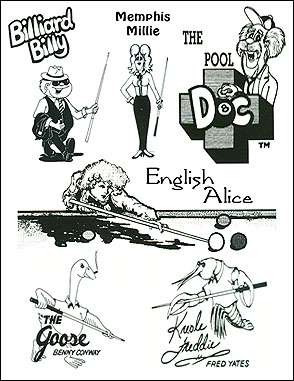 Black-and-white line art of the magazine's four cartoon mascots and two contributor caricatures, as discussed in this section.