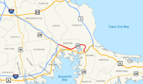 Highways in the Buzzards Bay area of southeastern Massachusetts are shown on a map. Route 25 is highlighted, running west to east for 10 miles from Interstates 195 and 495 in Wareham to Route 28 in Bourne.