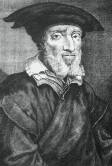 Black-and-white painting of bearded man in hat and 16th-century dress