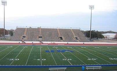 A The playing field and east stands, where the visitors sit, of Maverick Stadium