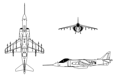 Outlines of aircraft, consisting of a front view, top view and side view.