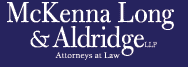 White words on a blue background that say McKenna Long & Aldridge LLP Attorneys at Law