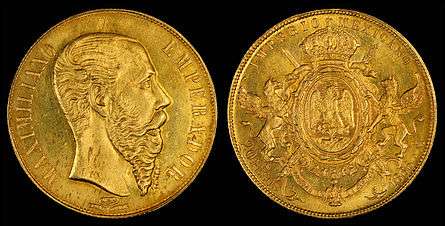 Maximilian I of Mexico depicted on a 20 peso gold coin (1866)