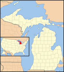 A map of the state of Michigan, with an inset showing the location of Michigan in the United States